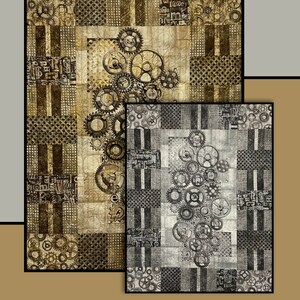 May include: Two quilt patterns featuring a steampunk design with gears and cogs on a brown and black background. The title "Pots & Pans" is at the top of the image. The text "Heidi Cook for Villa Rosa Designs" is at the bottom of the image.