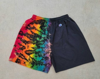 Reverse Dye Champion Shorts, Adult Unisex Tie Dye Shorts, Champion Half Reverse Dye Rainbow Scrunch Shorts and Bleach Dyed, S, M, L, XL, 2XL