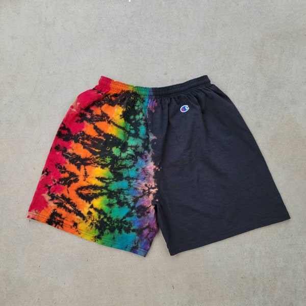 Reverse Dye Champion Shorts, Adult Unisex Tie Dye Shorts, Champion Half Reverse Dye Rainbow Scrunch Shorts and Bleach Dyed, S, M, L, XL, 2XL