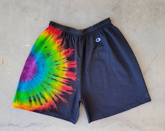Reverse Dye Champion Shorts, Adult Unisex Tie Dye Shorts, Champion Reverse Tie Dye Rainbow Side Sunburst and Bleach Dyed, S,M,L,XL,2XL