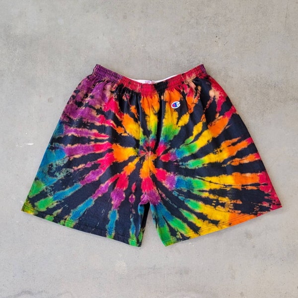Reverse Dye Champion Shorts, Adult Unisex Tie Dye Shorts, Champion Reverse Tie Dye Rainbow Spiral and Bleach Dyed, S,M,L,XL,2XL