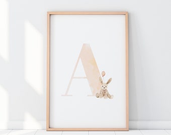 Kaninchen Initialen für Baby-Kinderzimmer, Mädchen-Namensdruck für Mädchenzimmer, Babypartygeschenk für Baby Mädchen, Kaninchen-Kunst für Kinderzimmer