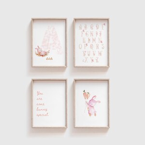 Set of 4 Bunny Prints, Bunny Name Print, Initial Name Sign, Alphabet Bunny Poster, Pink Bunny Prints, Girls Nursery Decor,Girls Bunny Prints