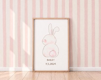 Rosa Häschen-Druck für Mädchen, personalisierte Kunst für Kinderzimmer-Dekor, Häschenplakat für Mädchenzimmer, Häschenkunst für Babyparty