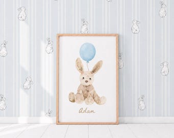 Aquarell Kaninchen Druck für Jungenzimmer, wunderliche Häschenkunst für Jungen, neugeborenes Häschengeschenk für Dusche, Häschenkunst für Kinder Spielzimmer