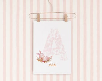 Hasenbild für Baby Mädchen, Kinderzimmerbild, Aquarellbild Hase für Spielzimmer, Babypartygeschenk für Mädchen, Aquarell Häschenbild für Neugeborene