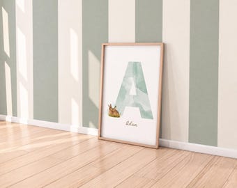 Personalisiertes Kaninchen fürs Kinderzimmer, Baby Boy Zeichen für Kinderzimmer, Tierplakat für Babygeschenk, Pastellkunst für Spielzimmer, Kinderzimmer-Hasenkunst für Kinder