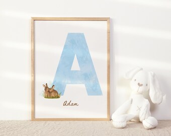 Erstes Namensschild für Jungenzimmer, Kaninchen-Kinderzimmer-Kunst für Neugeborene, individuelles Babygeschenk für Neugeborene, Tierdruck für Kinderzimmer