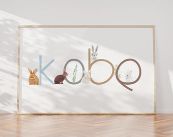Bunny art for baby Nursery, custom name print for baby shower, Baby Name Art for baby boy