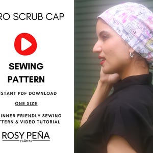 Könnte beinhalten: Das Bild zeigt ein Schnittmuster für eine Euro-OP-Haube. Die Haube ist weiß mit einem rosa und lila Muster. Der Text auf dem Bild lautet "SEWING PATTERN" und "INSTANT PDF DOWNLOAD". Das Muster ist "ONE SIZE" und "BEGINNER FRIENDLY".
