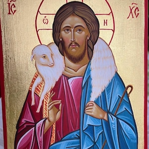 Jezus Christus de goede herder, orthodox icoon, christelijke religieuze kunst, handgeschilderd pictogram, aangepast pictogram, handgeschreven pictogram