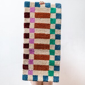 Handmade Tufted Runner Rug, Colorful Checkered Hallway Rug, Mid Century Modern Carpet, Geometric Textile Art Rug