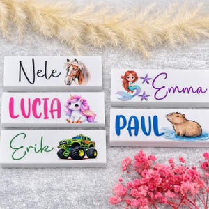 May include: White rectangular name plaques with colorful illustrations and names: Nele, Lucia, Erik, Emma, and Paul. The illustrations include a horse, unicorn, monster truck, mermaid, and capybara. The names are in various colors.