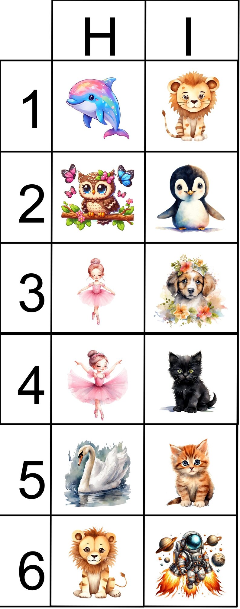 Pode incluir: Uma grade de ilustra&ccedil;&otilde;es em aquarela com v&aacute;rios animais e figuras. Inclui um golfinho, um le&atilde;o, uma coruja, um pinguim, uma bailarina, um c&atilde;o, um gato preto, um gatinho, um cisne, um le&atilde;o e um astronauta.