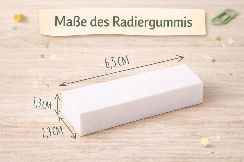 May include: A white rectangular eraser with dimensions of 2.56 inches long, 0.91 inches wide, and 0.51 inches high. The text "Ma&szlig;e des Radiergummis" is displayed above the eraser. The eraser is on a light wood surface.