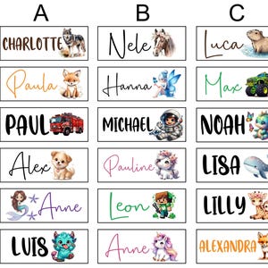 May include: Rectangular name tags with various names and illustrations. The tags feature names like Charlotte, Paula, and Paul, each accompanied by a unique image, such as a wolf, fox, or fire truck. The tags are designed for children.