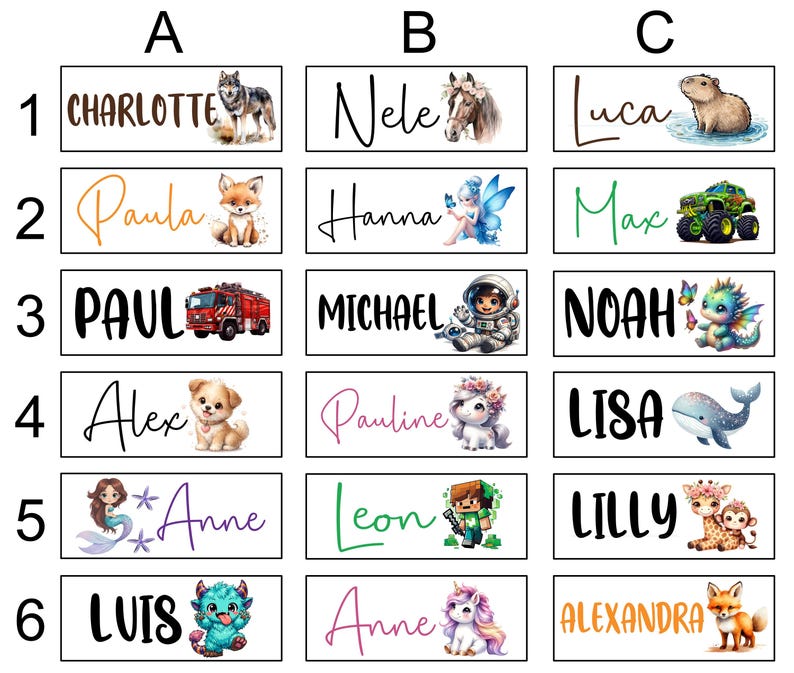 May include: Rectangular name tags with various names and illustrations. The tags feature names like Charlotte, Paula, and Paul, each accompanied by a unique image, such as a wolf, fox, or fire truck. The tags are designed for children.