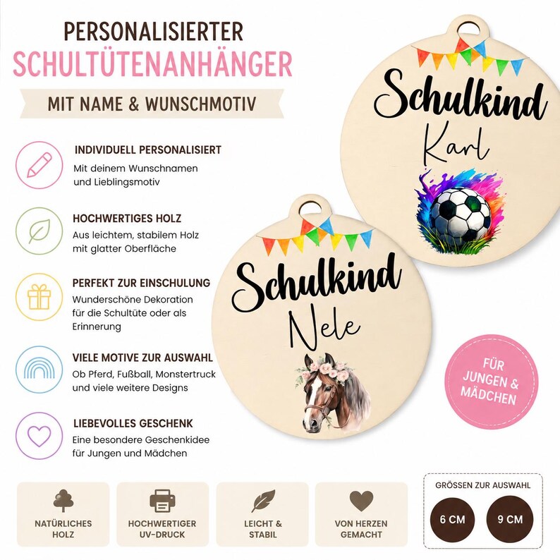 Pode incluir: Enfeites redondos de madeira com o texto "Schulkind" e um nome, com uma bola de futebol e uma ilustra&ccedil;&atilde;o de cavalo. Enfeites personalizados, perfeitos para a escola. Dispon&iacute;veis nos tamanhos de 6 cm e 9 cm.