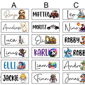 May include: A collection of rectangular name tags with various names and accompanying illustrations. The tags feature names like Ronja, Matteo, and Leo, each paired with images such as a sloth, tractor, and pirate ship. The tags are designed for children.