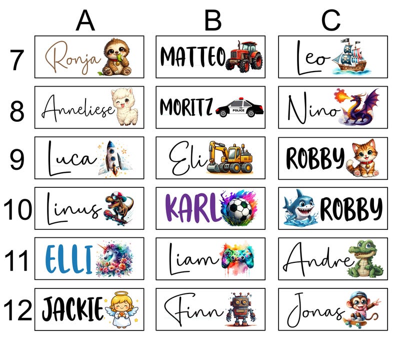 May include: A collection of rectangular name tags with various names and accompanying illustrations. The tags feature names like Ronja, Matteo, and Leo, each paired with images such as a sloth, tractor, and pirate ship. The tags are designed for children.