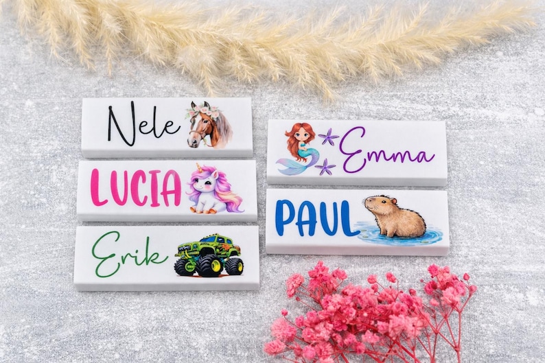 May include: White rectangular name plaques with colorful illustrations and names: Nele, Lucia, Erik, Emma, and Paul. The illustrations include a horse, unicorn, monster truck, mermaid, and capybara. The names are in various colors.