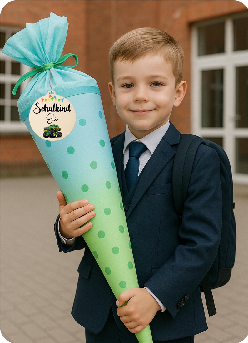 Pode incluir: Uma grande mochila escolar em forma de cone em tons de azul e verde, decorada com bolinhas verdes. A mochila &eacute; amarrada com uma fita azul-petr&oacute;leo e uma etiqueta de madeira que diz "Schulkind Eli" com uma ilustra&ccedil;&atilde;o de um monster truck. Uma crian&ccedil;a de terno azul-marinho segura a mochila.