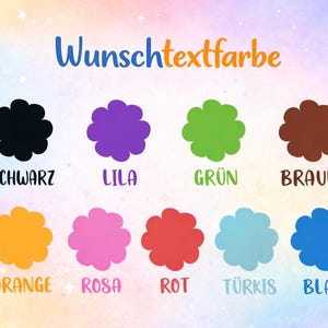 May include: A colorful graphic with the text "Wunschtextfarbe" in blue, showcasing a palette of flower-shaped color swatches. Colors include black, purple, green, brown, orange, pink, red, turquoise, and blue, each labeled in German.