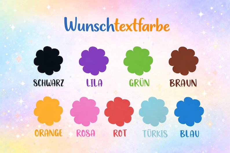 May include: A colorful graphic with the text "Wunschtextfarbe" in blue, showcasing a palette of flower-shaped color swatches. Colors include black, purple, green, brown, orange, pink, red, turquoise, and blue, each labeled in German.