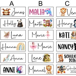 May include: Rectangular name tags with various names and illustrations. The tags feature names like Jonas, Holly, Luna, Hanna, Anna, and Anni. Each tag has a unique design, including a monkey, panda, fairy, rainbow, and unicorn.