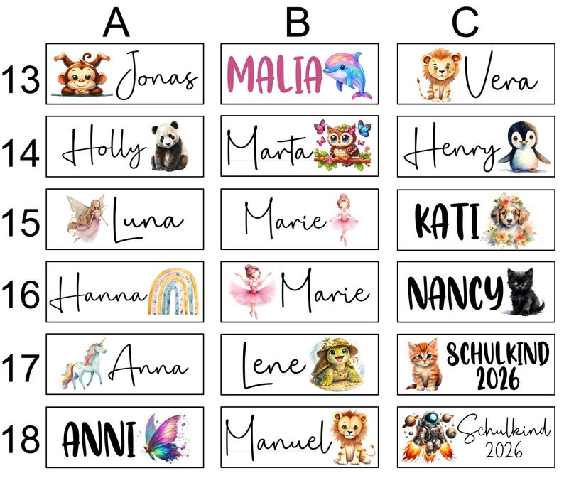 May include: Rectangular name tags with various names and illustrations. The tags feature names like Jonas, Holly, Luna, Hanna, Anna, and Anni. Each tag has a unique design, including a monkey, panda, fairy, rainbow, and unicorn.