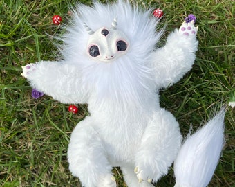 white dragon art doll ooak, flower fantasy posable toy