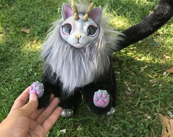 poseable fluffy cat art doll ooak, posable kitten, handmade realistic animals plushie creatures cat lover gift