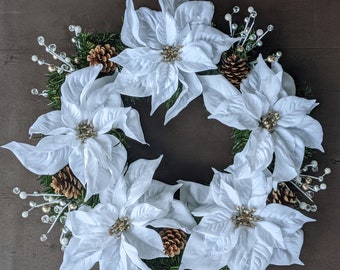 White Poinsettia and Pinecone Wreath- Winter Wreath- Holiday Wreath