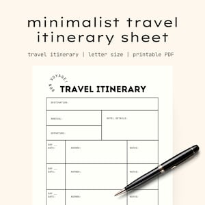 May include: A printable travel itinerary sheet with a black and white design. The sheet includes sections for destination, arrival, departure, hotel details, day, date, agenda, and notes.