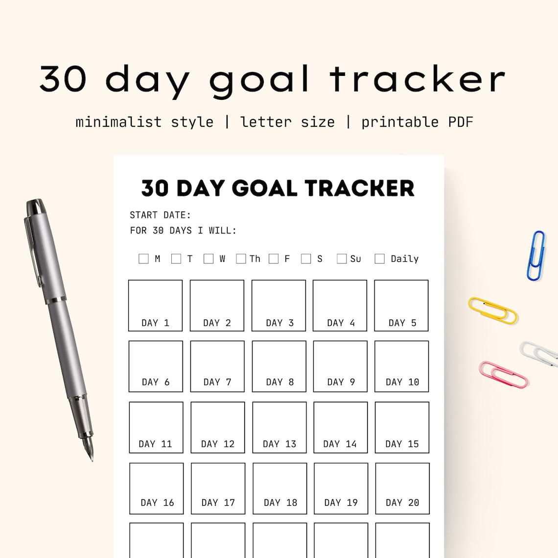 30-day Minimalist Goal Tracker Sheet - Printable PDF - Etsy