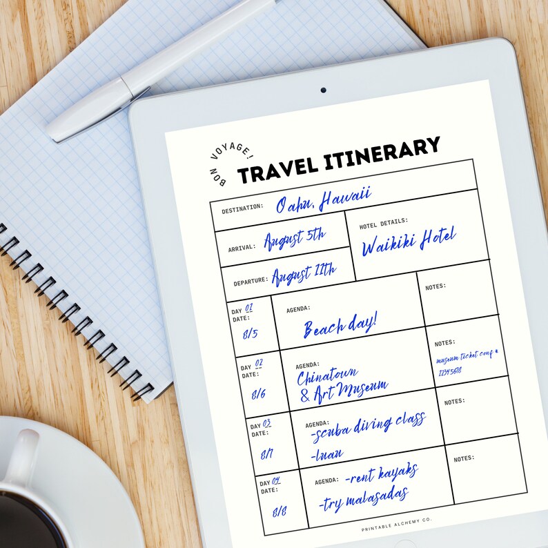 Minimalist Travel Itinerary Sheet - Printable PDF - Etsy