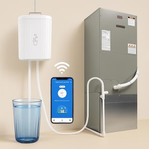 May include: A white smart home device with a plant icon is connected to a glass of water via clear tubing. A smartphone displays a control interface with a temperature reading of 80 degrees. A large gray HVAC unit is in the background.