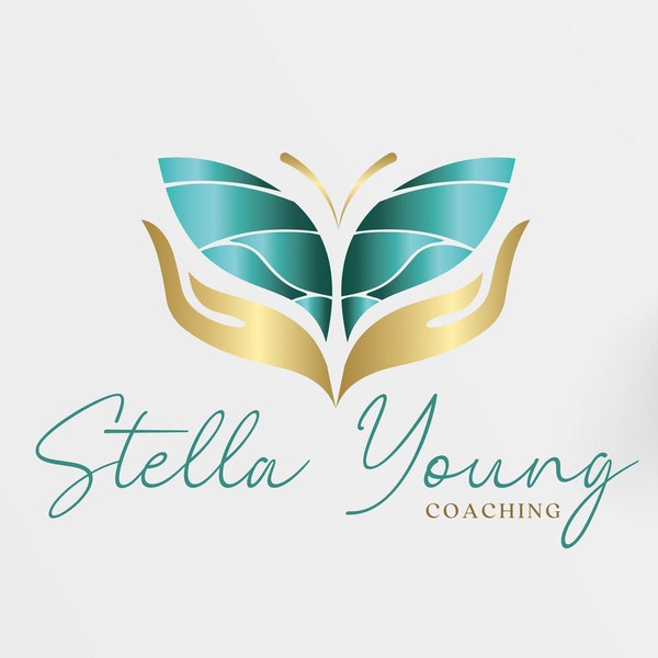 PREMADE LOGO Design, Butterfly Wings Coaching Logo - Wellness Center Logo, Hand Logo, Teal Green and Gold Logo, Counseling, Jewelry Branding