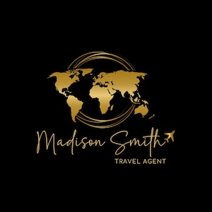 May include: A gold-colored world map graphic with a circular design, the name "Madison Smith" in elegant script, and the words "Travel Agent" below. A small airplane icon is next to the name. The background is solid black.