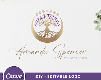 TREE of LIFE DIY Logo Design, Tree Woman Logo, Wellness Logo Canva Template, Tree Moon Editable Logo, Yoga, Life Coach, Psicología, Spa Logo