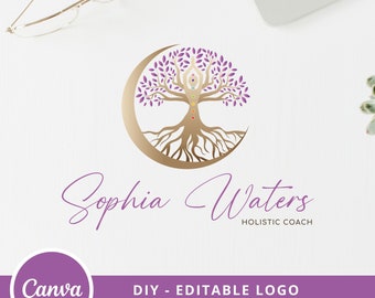 Diseño de logotipo holístico DIY TREE of LIFE, logotipo de mujer árbol, plantilla Canva de logotipo de bienestar, logotipo editable de luna de árbol, diseño de logotipo de chakras de mujer.