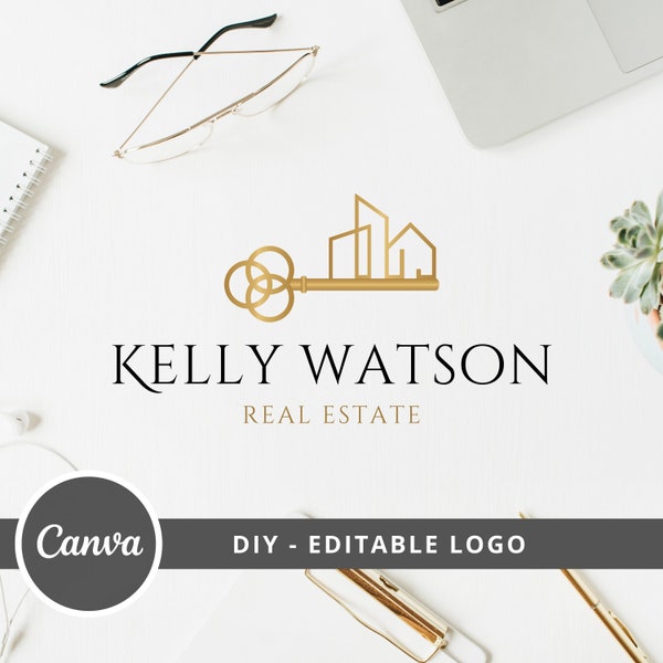 DIY-Immobilien-Logo-Design, vollständig bearbeitbar, Canva-Vorlage, Schlüssel- und Gebäudelogo, Realtor-Logo, Real-Ease-Branding, sofortiger Zugriff