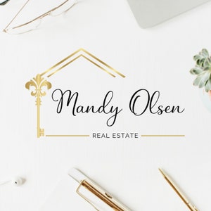 Premade Real Estate Logo Design, Realtor Luxury House Logo, Branding for Real Estate Agents, House and Key Broker Logo, Flower Lily Key Logo image 1