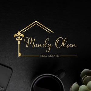 Premade Real Estate Logo Design, Realtor Luxury House Logo, Branding for Real Estate Agents, House and Key Broker Logo, Flower Lily Key Logo image 1