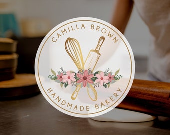 DIY Vintage Bakery Logo Design, Canva Editable Logo, Pastries Logo, Cake Logo, Watercolor Floral Bakery Shop Logo, Handmade Bakery Logo.