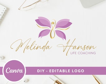 DIY Schmetterling Infinity Logo Vorlage. Wellness spirituelle Logo-Design-Vorlage, Yoga, Coaching, Spa, Psychology. Canva Logo, sofortiger Zugriff.