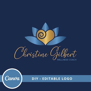 Design del logo modificabile Heart Lotus, modello Canva con logo benessere, logo life coaching, logo cura, logo curativo, logo terapia di coppia, logo yoga immagine 1