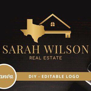 May include: Gold logo design featuring a house key with the state of Texas as the keyhole. The text "SARAH WILSON REAL ESTATE" is below the logo.
