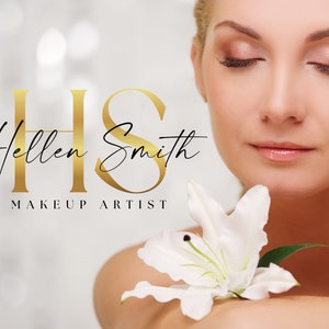 May include: A woman with her eyes closed holds a white lily flower. The image features a gold logo with the text "HS Hellen Smith MAKEUP ARTIST".