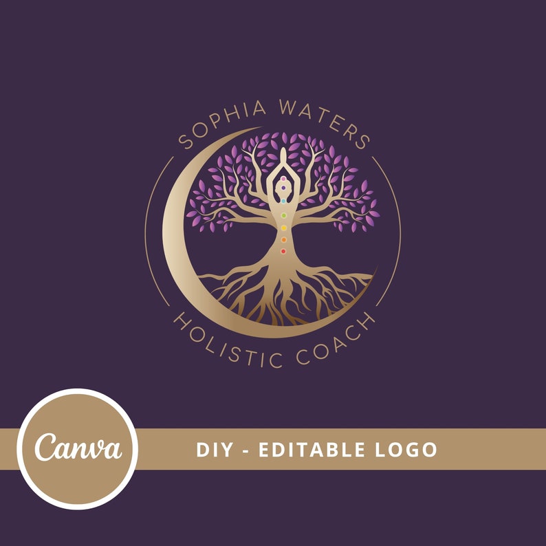 TREE of LIFE DIY Holistic Logo Design, Tree Woman Logo, Wellness Logo Canva Template, Tree Moon Editable Logo, Woman Chakras Logo Design. image 2